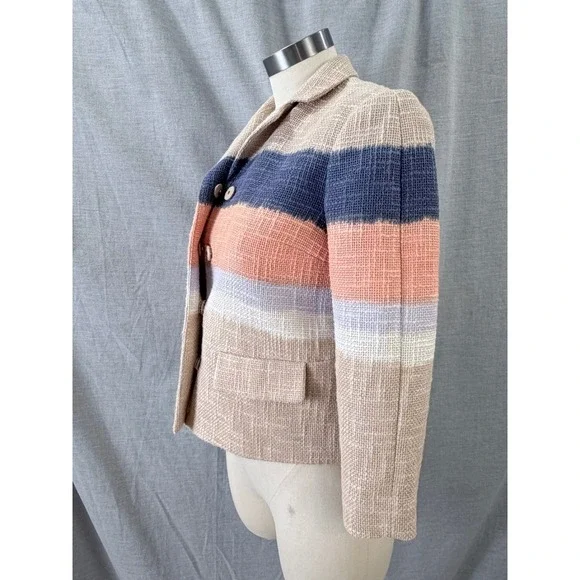 Tory Burch Striped Tweed Cropped Blazer Size 2 Neutral Multi Summer‎ Workwear - Picture 6 of 12